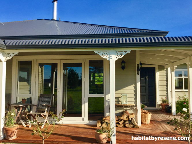 exterior, green, villa, front door, decorative trim