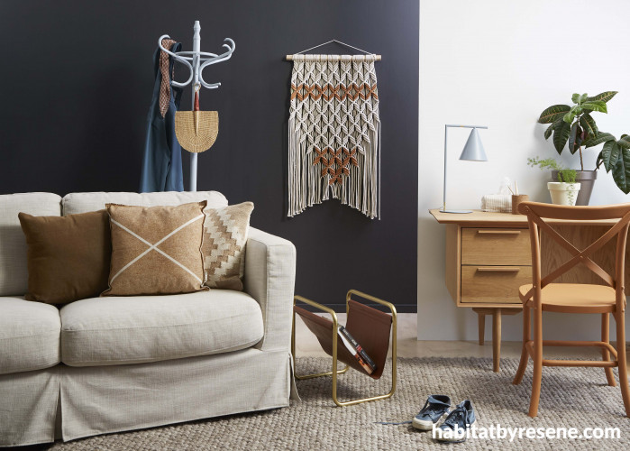 black paint, charcoal paint, Autumn room, living room, terracotta, Resene nocturnal, interior 