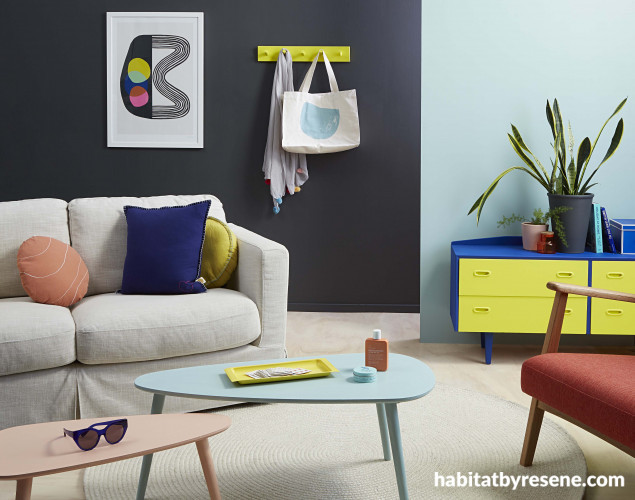 living room, interior, black paint, charcoal, Resene Nocturnal, summer room, bright, plywood floor