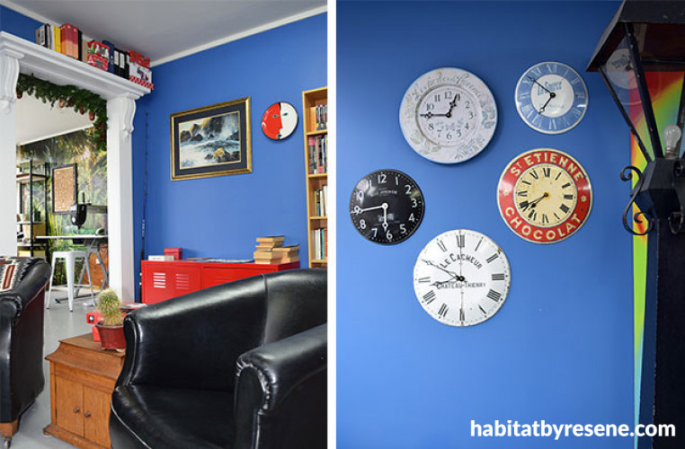 lounge, living room, sitting room, blue interior, blue room, blue lounge, blue feature wall