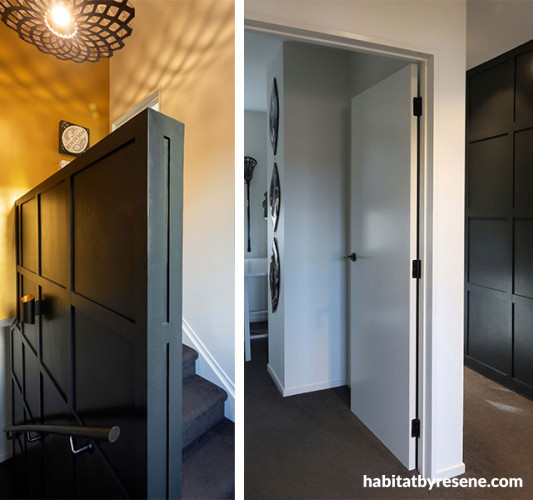 entranceway, stairwell, black and white, black entranceway, batten walls, resene double cod grey