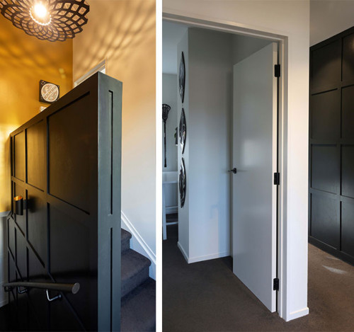 entranceway, stairwell, black and white, black entranceway, batten walls, resene double cod grey