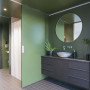 bathroom, green bathroom, bathroom inspiration, bathroom ideas, black and green, resene olive green