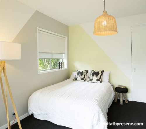 bedroom, geometric pattern, white bedroom, yellow paint, grey paint 