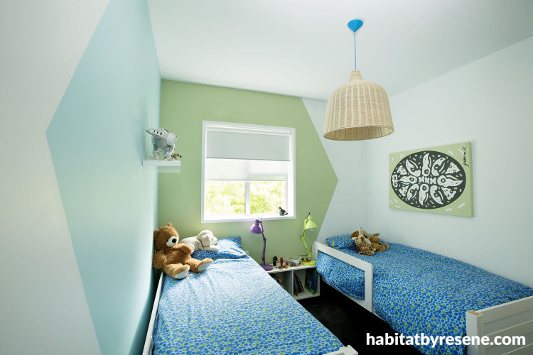 kids bedroom, children's bedroom, geometric pattern, blue bedroom, blue paint, green paint