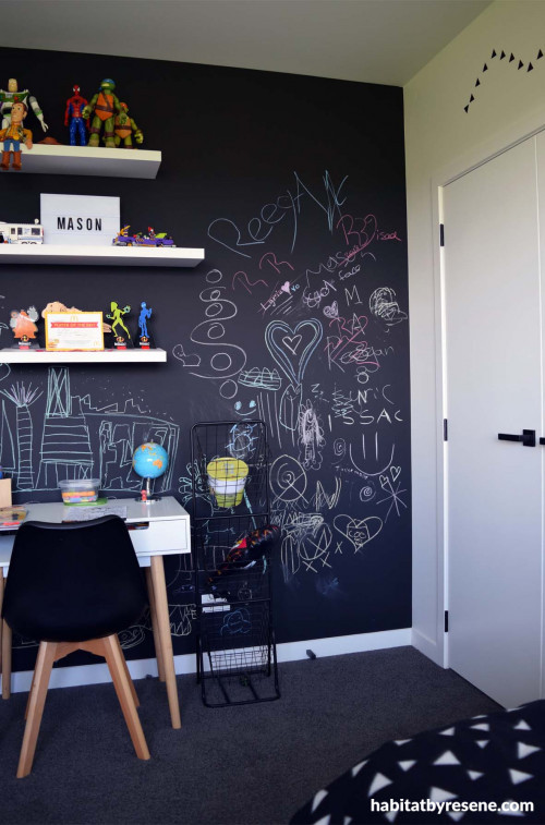 bedroom, black and white bedroom, kids bedroom, childrens bedroom, blackboard paint, monochromatic
