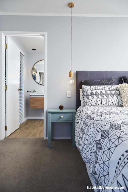 bedroom, master bedroom, ensuite, blue bedroom, beach inspired, resene midwinter mist