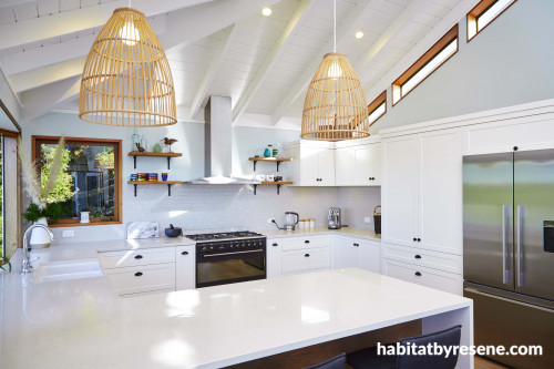 kitchen, white kitchen, blue kitchen, blue splashback, beach inspired kitchen