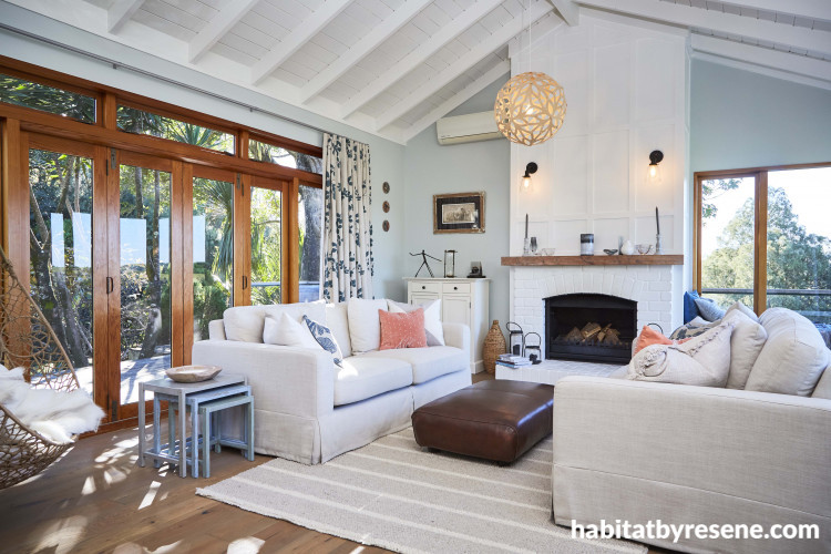 living room, lounge, high ceilings, white living room, blue lounge, beach inspired 