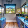 kitchen, blue kitchen, patterned cabinetry, grey kitchen, resene eighth stonehenge