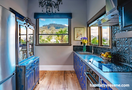 kitchen, blue kitchen, patterned cabinetry, grey kitchen, resene eighth stonehenge