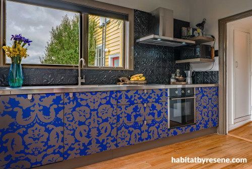 kitchen, blue kitchen, blue and gold cabinetry, patterned cabinetry, grey kitchen