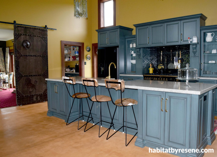 blue, yellow, kitchen, blue kitchen cupboards, castle
