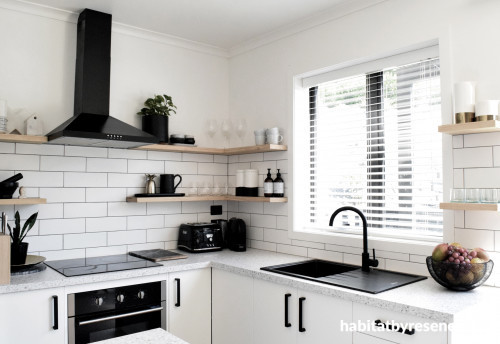 kitchen, black and white kitchen, monochromatic kitchen, resene black white, white kitchen