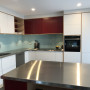 kitchen inspiration, blue splashback, splash back inspo, corner kitchen, open shelving, Resene
