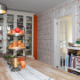kitchen, orange kitchen, orange feature wall, geometric wallpaper, wallpaper feature wall