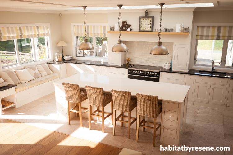 white, kitchen, thorndon cream, tiles, subway tiles, panelled cabinets, panels