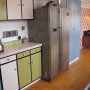 retro, retro kitchen, 1970s kitchen, green cabinets, blue cabinets, green kitchen