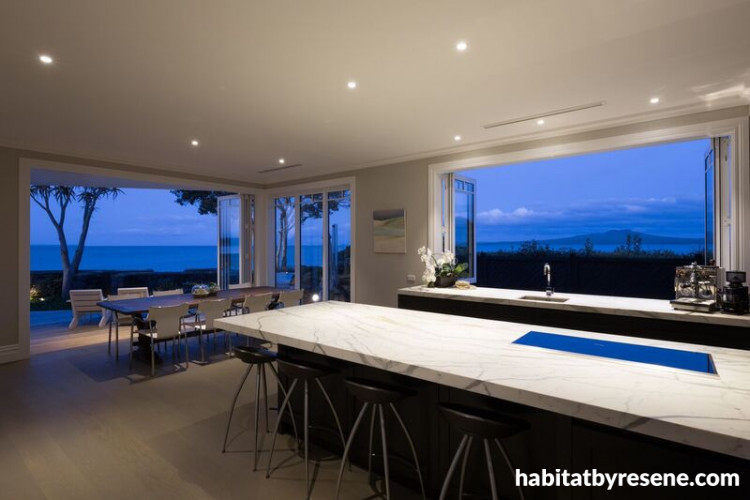 kitchen, white, sea views, black cabinet, ocean