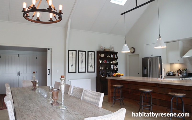 dining room, kitchen, neutrals, white dining room, white kitchen, barn style, grand, timber bench