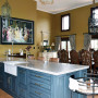 blue, yellow, kitchen, blue kitchen cupboards, castle