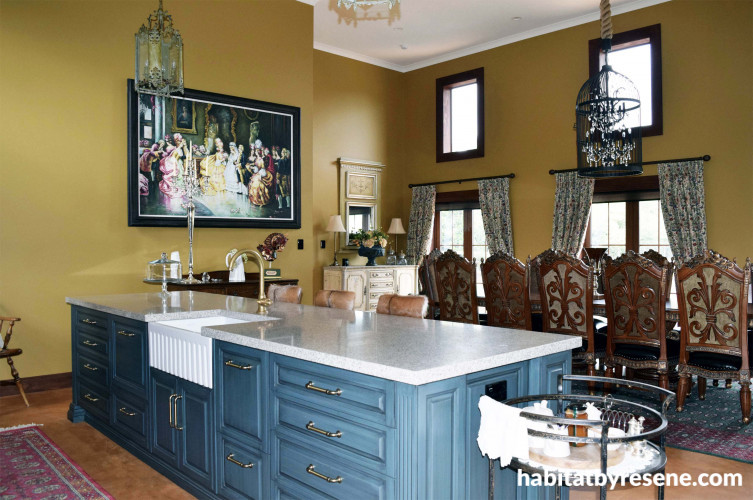 blue, yellow, kitchen, blue kitchen cupboards, castle