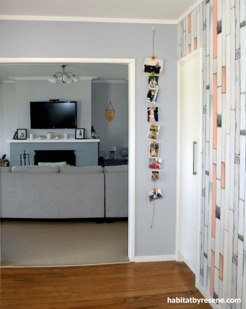 lounge, living room, grey lounge, grey living room, feature wallpaper, grey paint