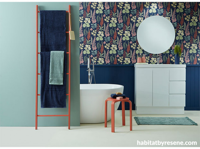 bathroom wallpaper, bathroom inspiration, towel ladder, bathroom mirror, freestanding bath, Resene