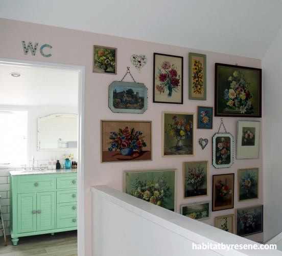 feature wall, flower art, flower wall, pink feature wall, vintage, pastel wall, picture frame wall