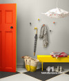 entranceway, hallway, red front door, grey hallway, grey entranceway, front entrance 