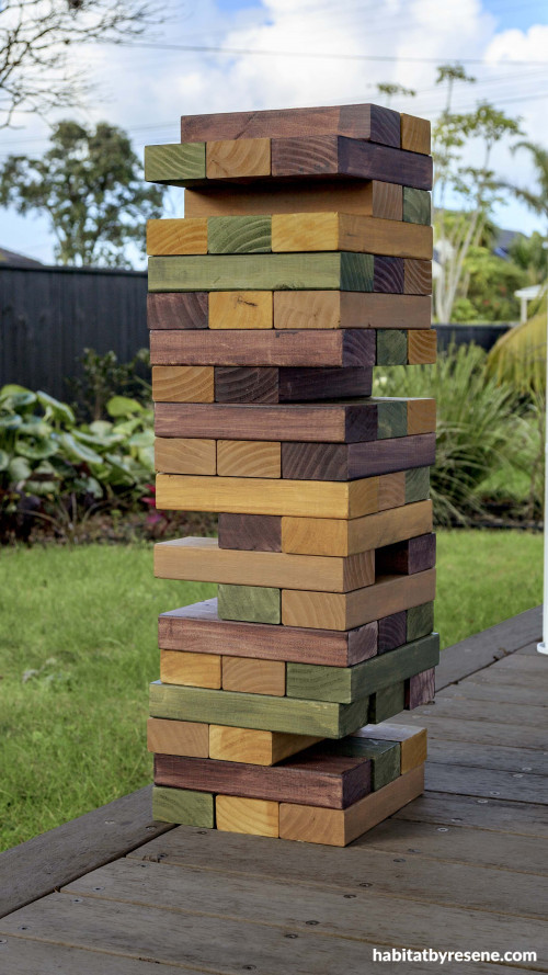 jumbo jenga, diy jenga, outdoor games, coloured jenga, outdoor jenga, resene stains