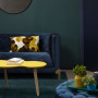 green lounge, green interior, green feature wall, resene atlas, blue sofa, yellow and green