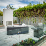 garden, outdoor fireplace, outdoor dining, outdoor entertaining, grey outdoors, planter beds