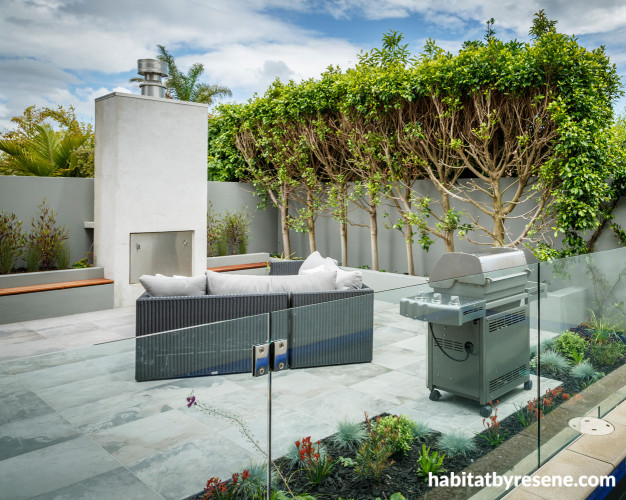 garden, outdoor fireplace, outdoor dining, outdoor entertaining, grey outdoors, planter beds