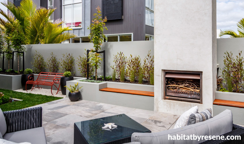 garden, outdoor fireplace, outdoor dining, planter beds, outdoor entertaining, vintage benchseat