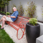 garden, vintage bench seat, raised planter beds, grey outdoors, red garden seat