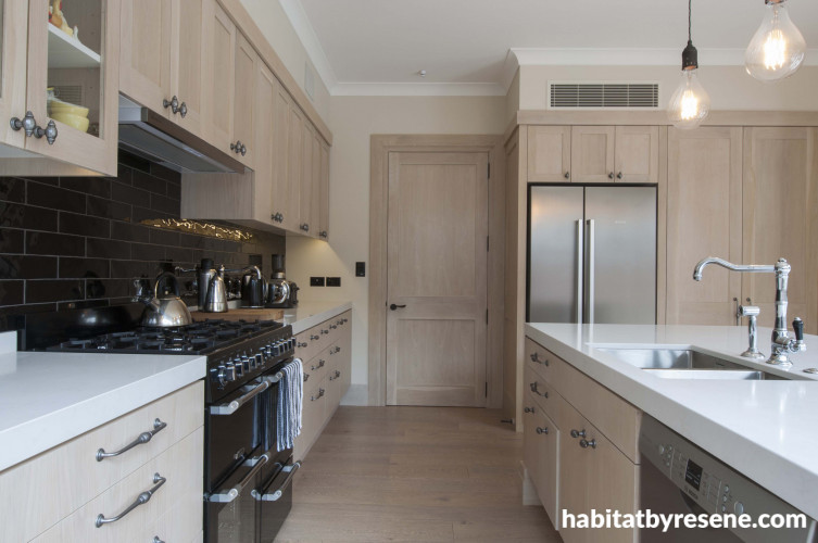 Kitchen, oak cabinets, warm white, paint, Resene Colorwood Whitewash, interior 