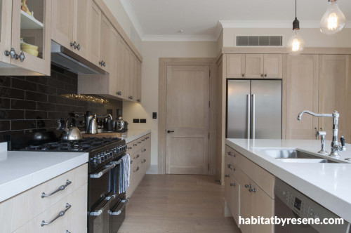 Kitchen, oak cabinets, warm white, paint, Resene Colorwood Whitewash, interior