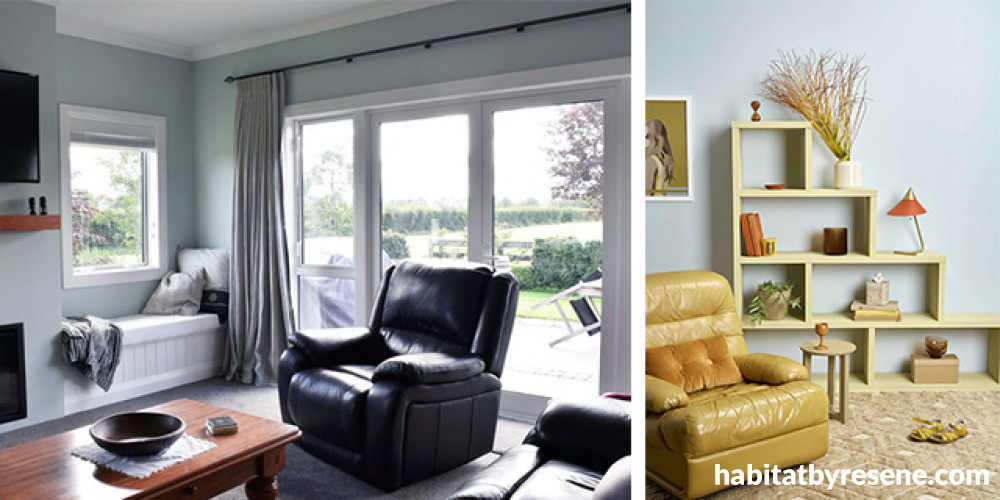 lounge, blue lounge, living room, blue living room, resene duck egg blue, interior lighting