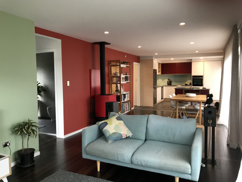 Living room, open plan living, open plan living inspiration, red dining room, Resene
