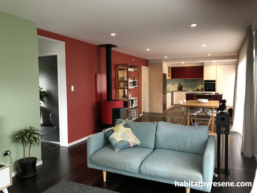 Living room, open plan living, open plan living inspiration, red dining room, Resene