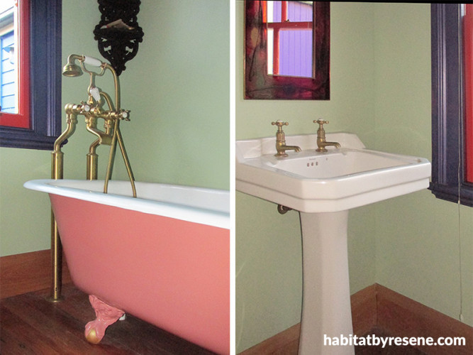 bathroom inspiration, bathroom ideas, green bathroom ideas, pink painted bath, pink clawfoot bath