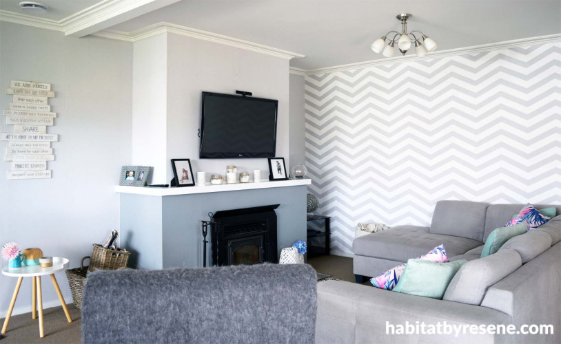 lounge, living room, feature wall, feature wallpaper, grey lounge, grey living room