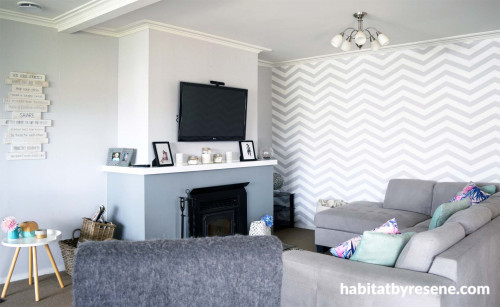 lounge, living room, feature wall, feature wallpaper, grey lounge, grey living room