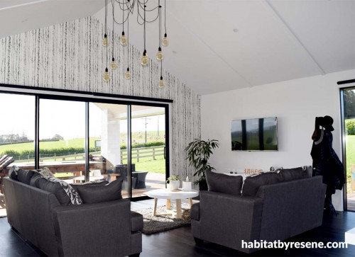 living room, lounge, monochromatic, black and white living, wallpaper feature wall, high ceilings