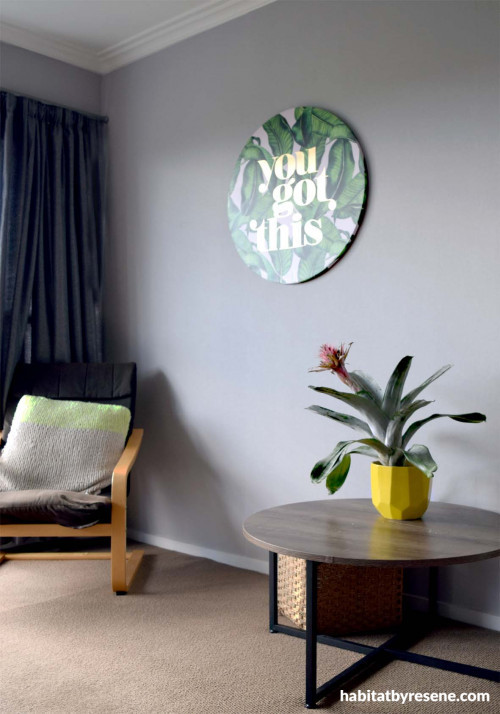 living room, lounge, grey living room, grey lounge, grey walls, yellow potplant
