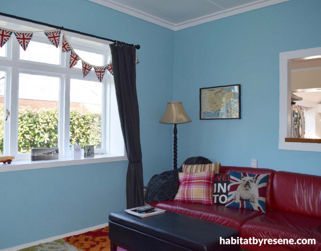 lounge, tv room, blue lounge, living room, blue and red, UK inspired, blue living room