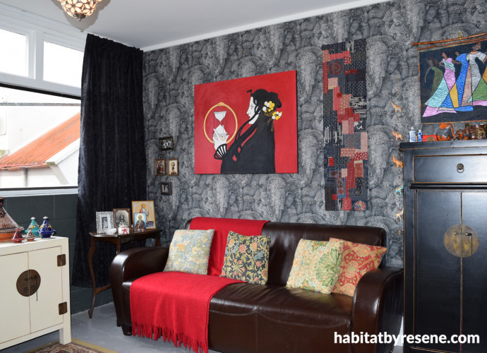 lounge, living room, feature wallpaper, grey living room, grey lounge, elephant wallpaper