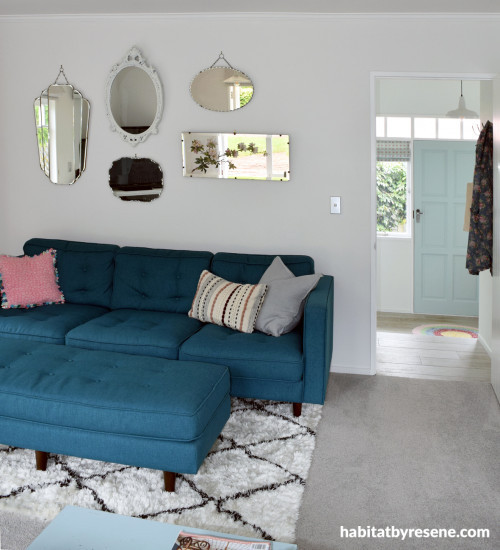 lounge, grey lounge, blue couch, mirror feature wall, blue sofa, eclectic, living room, interior