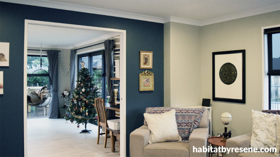 lounge, living room, blue lounge, blue feature wall, blue living room, resene cello